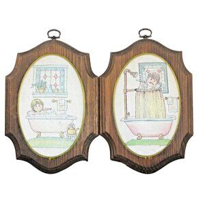 Vintage His And Hers Bathroom Beaded Glass Wooden Plaque Art Decor Picture 1971